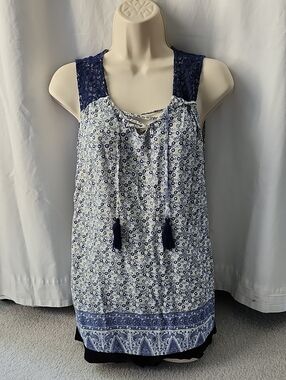 Navy Floral Lace-Shoulder Tie-Front Tank Top